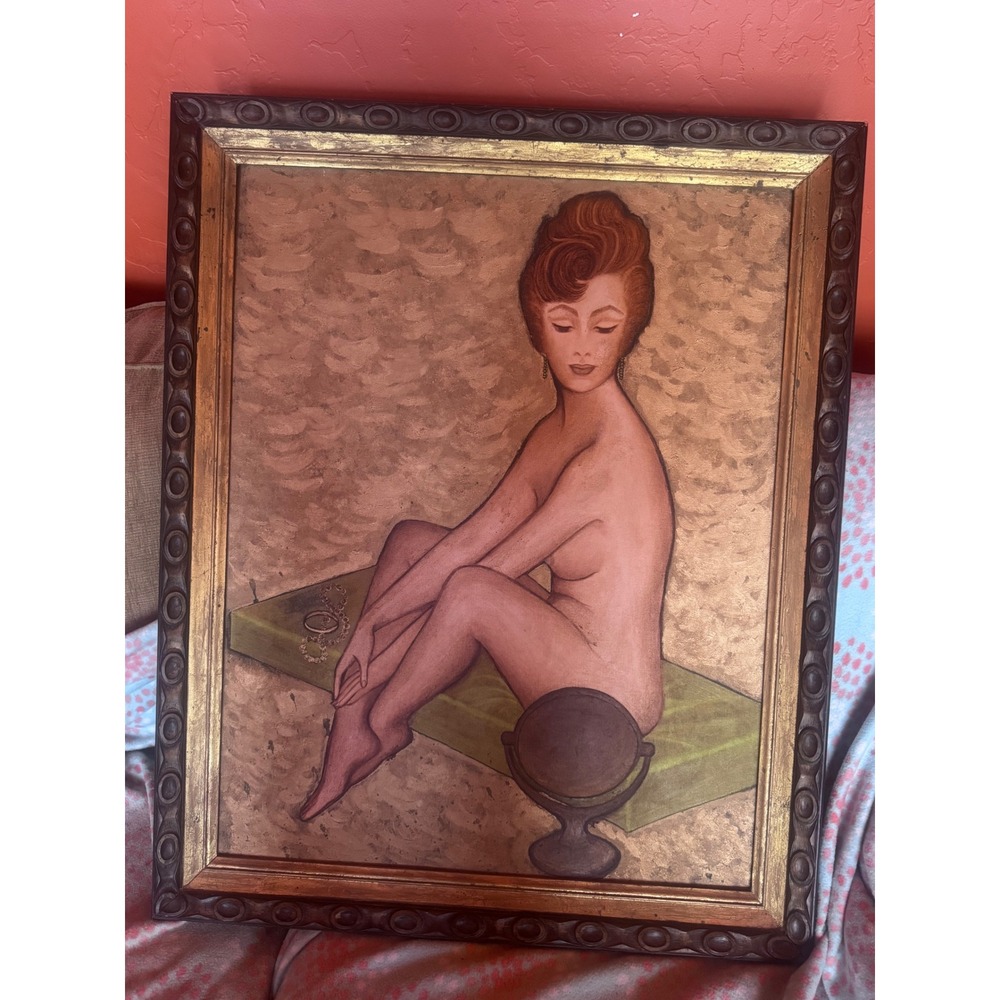 Vintage MCM Nude Woman Oil Painting Red Hair Mid Century Modern Framed Art